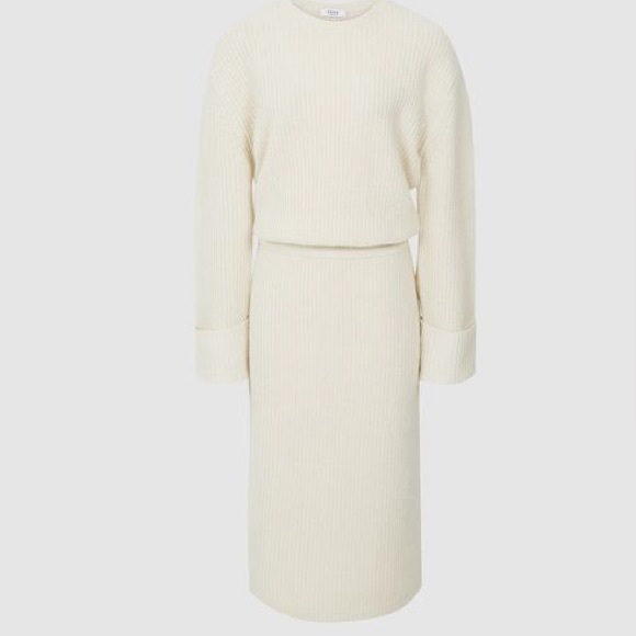 reiss jodie knitted dress New Long Sleeve Wool & Cashmere Blend Sweater Midi in Neutral Women Navy jumper